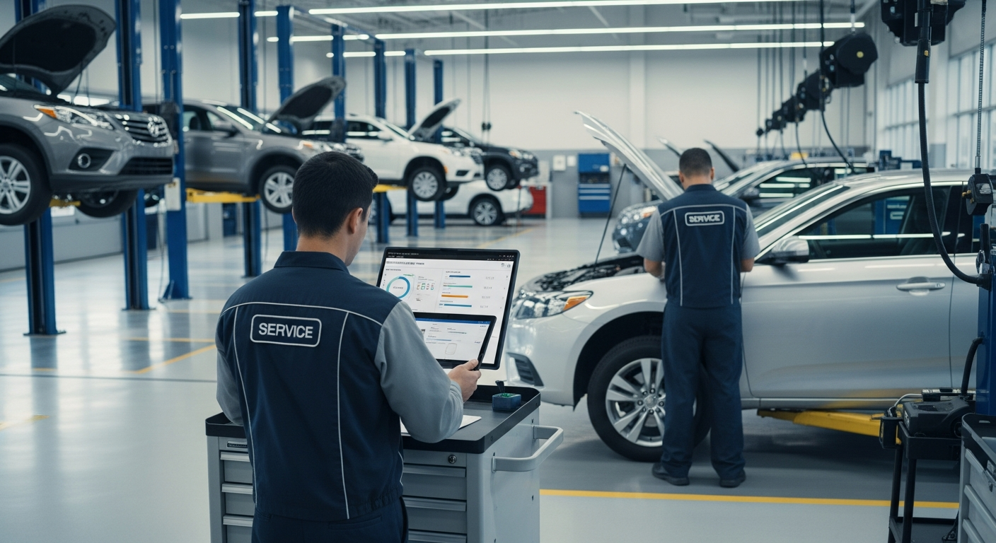 Dealership service department with technicians working.
