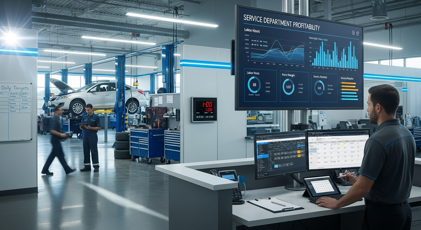 Busy dealership service area with technicians.