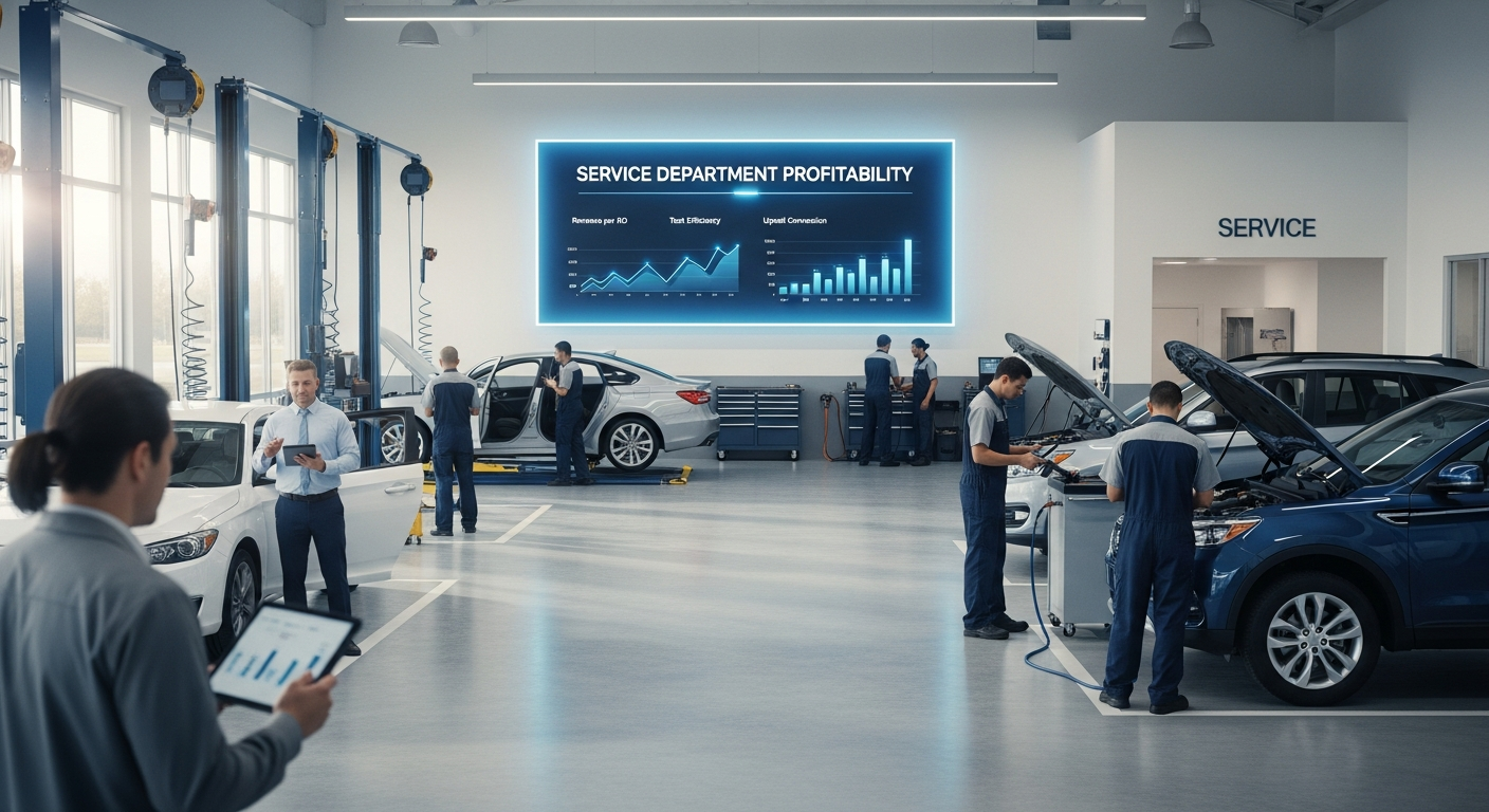 Dealership service department with technicians