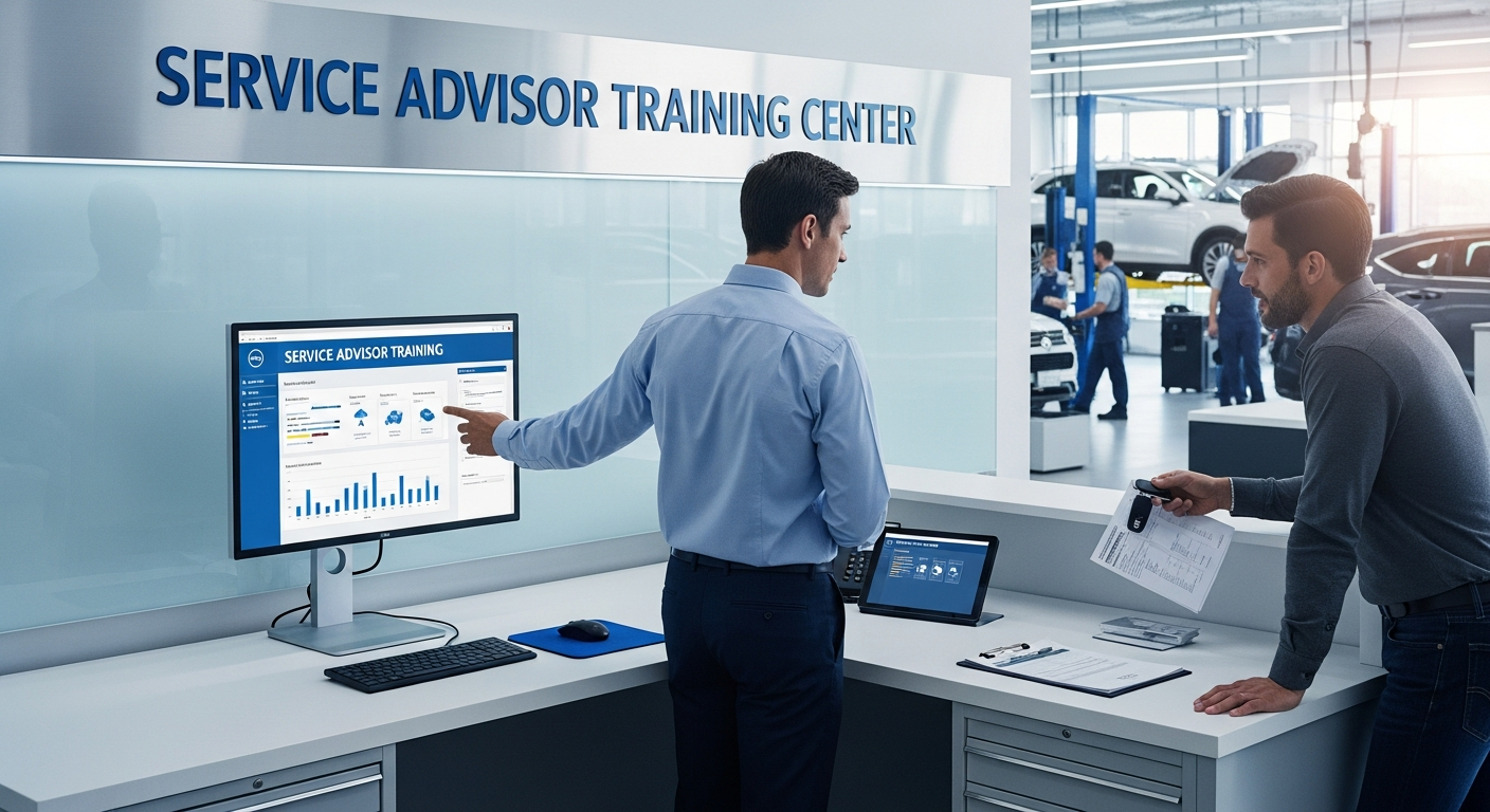 Service advisor and customer discussing car maintenance options