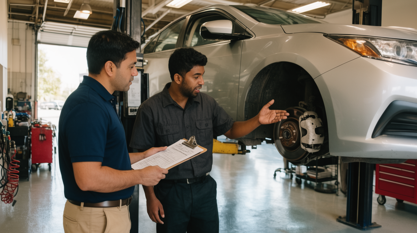 Service advisor and technician reviewing a multi-point inspection finding beside a vehicle in a dealership service bay.