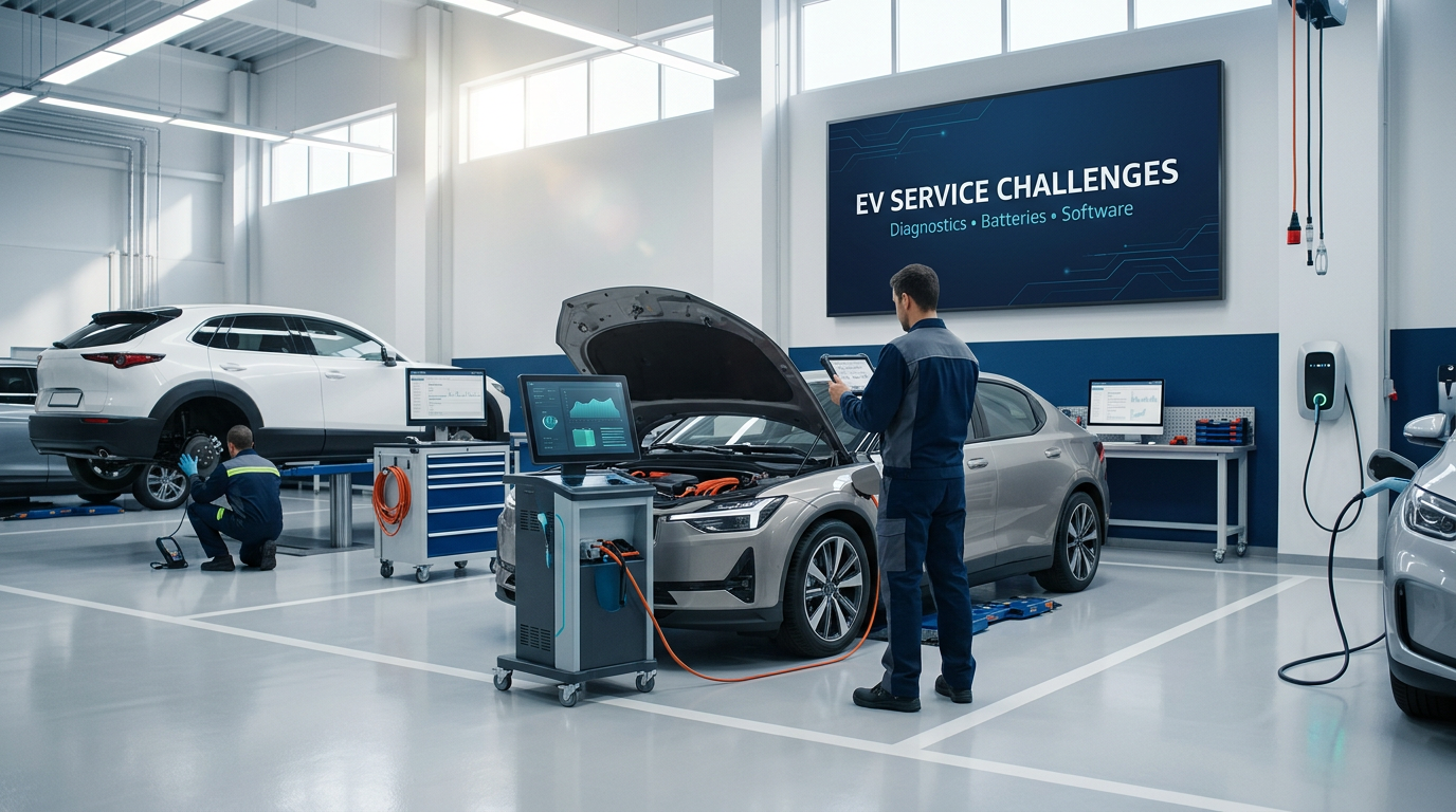 EV service bay with technicians and diagnostic tools