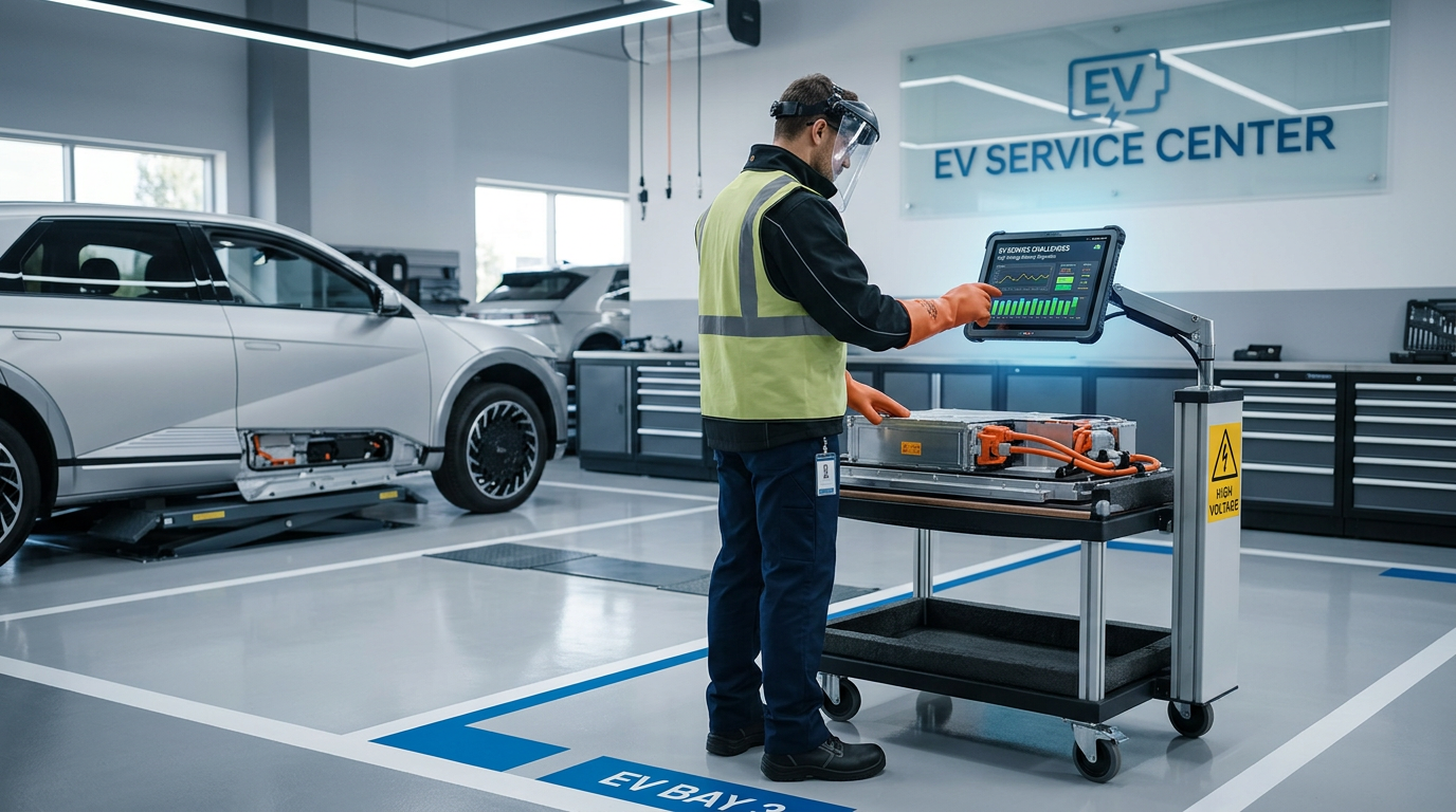 Technician performing EV battery diagnostics