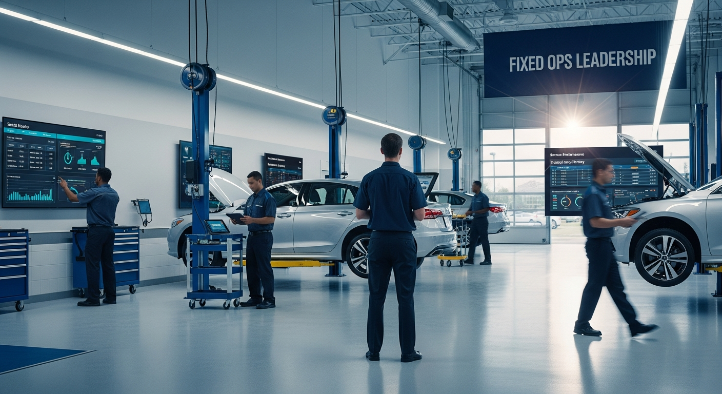 Dealership service department with technicians and digital tools