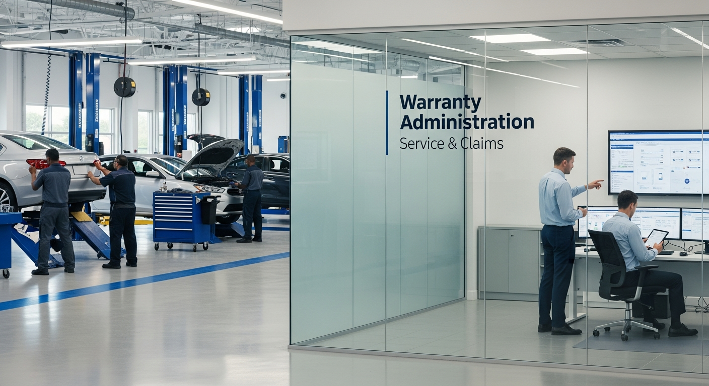 Dealership service department with technicians and managers