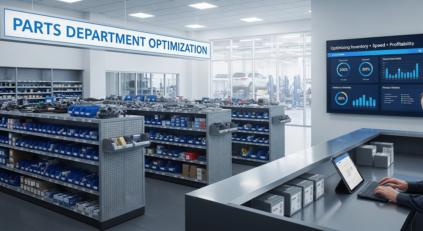 Automotive dealership parts department with organized inventory