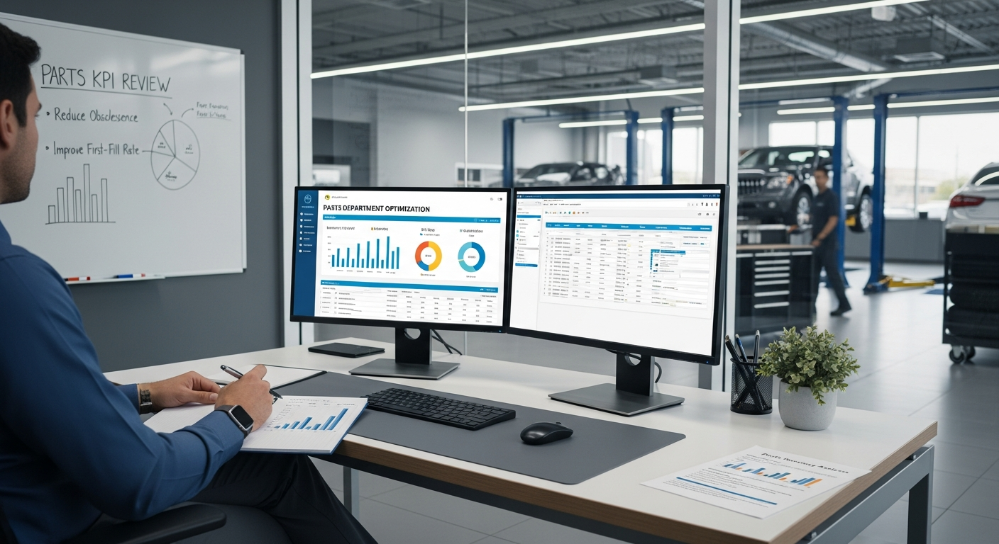 Service manager reviewing automotive parts inventory on a computer