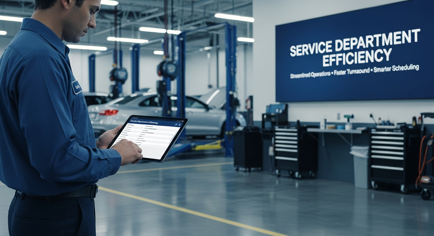 Automotive technician checking service schedule on a tablet.