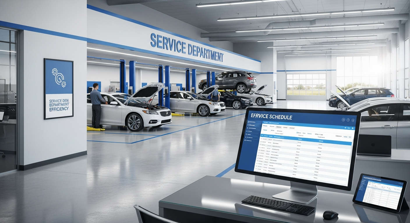 Busy dealership service department with multiple cars being serviced.