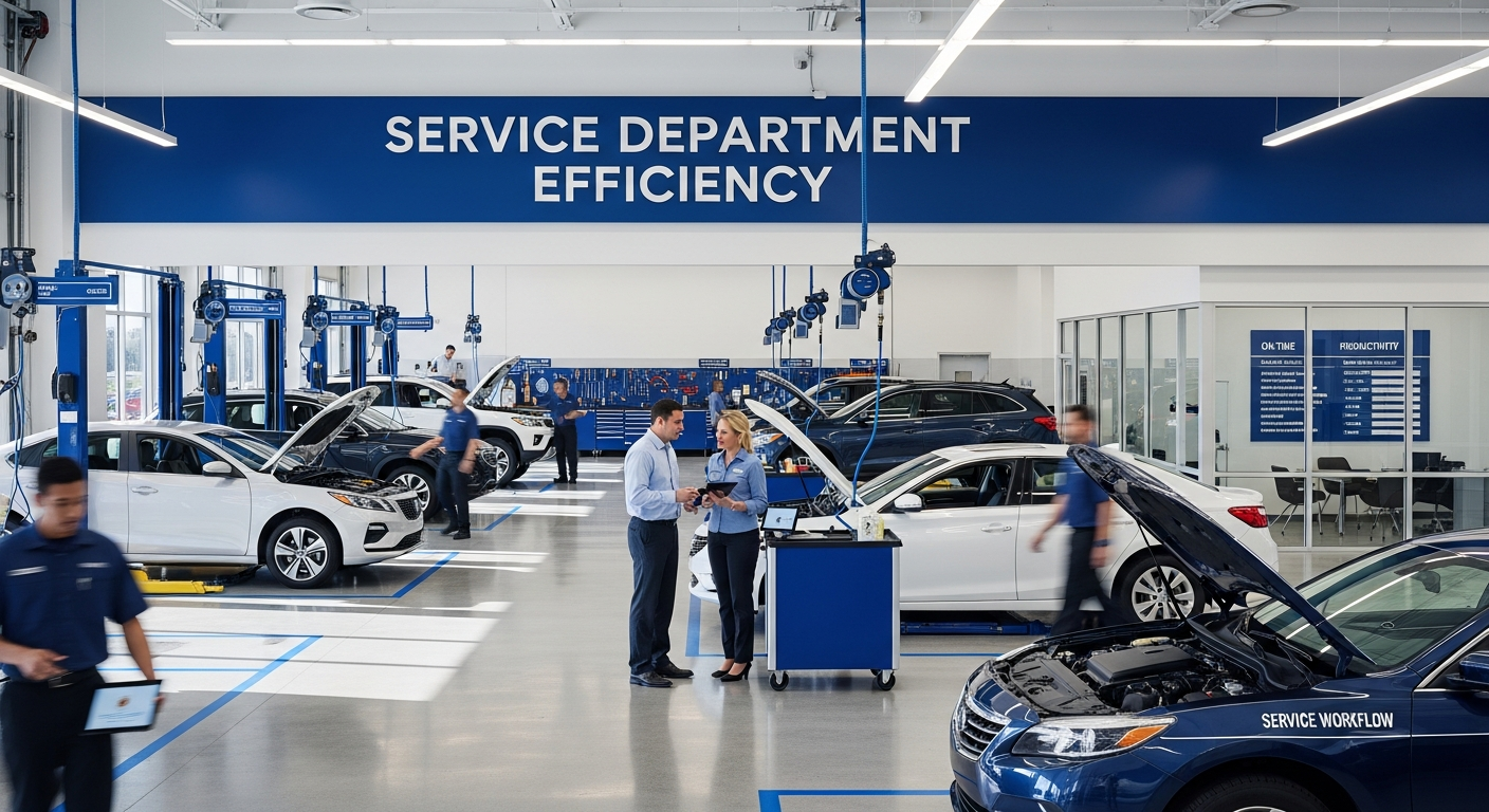 Efficient service department with technicians and happy customers