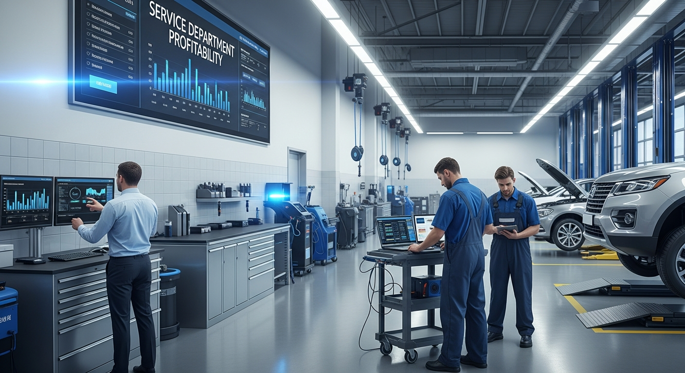 Dealership service department with technicians using advanced tools
