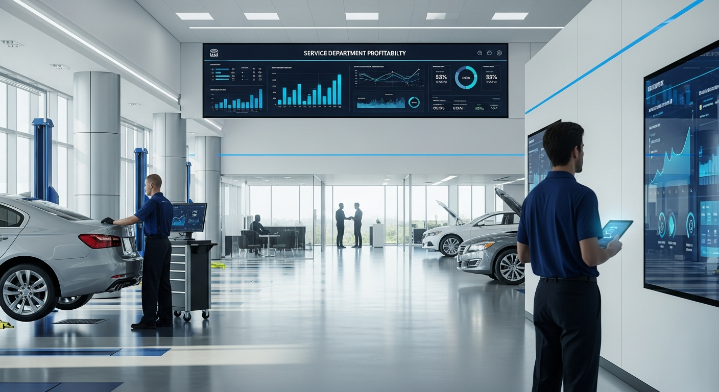Dealership service department with modern technology and happy customers.
