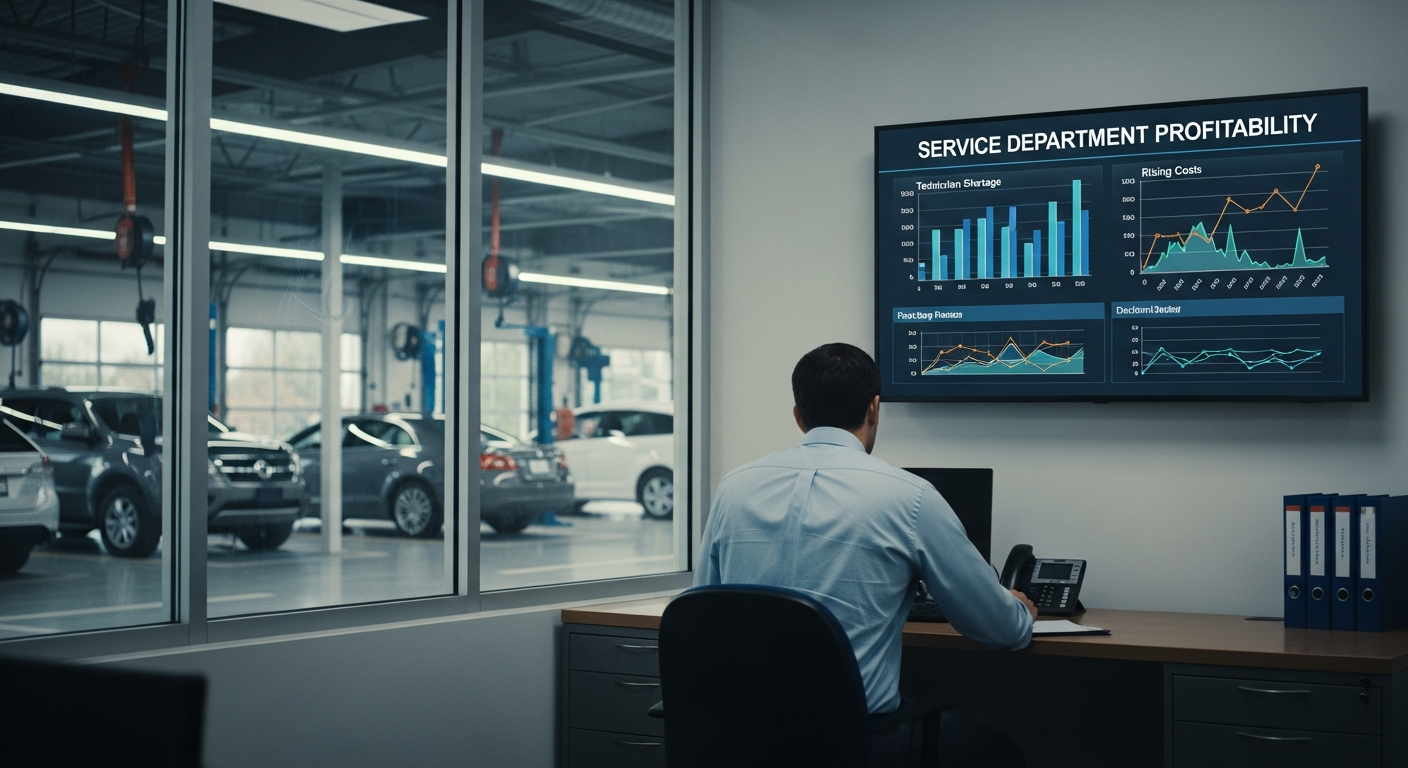 Dealership service department with challenges like technician shortages and high costs.