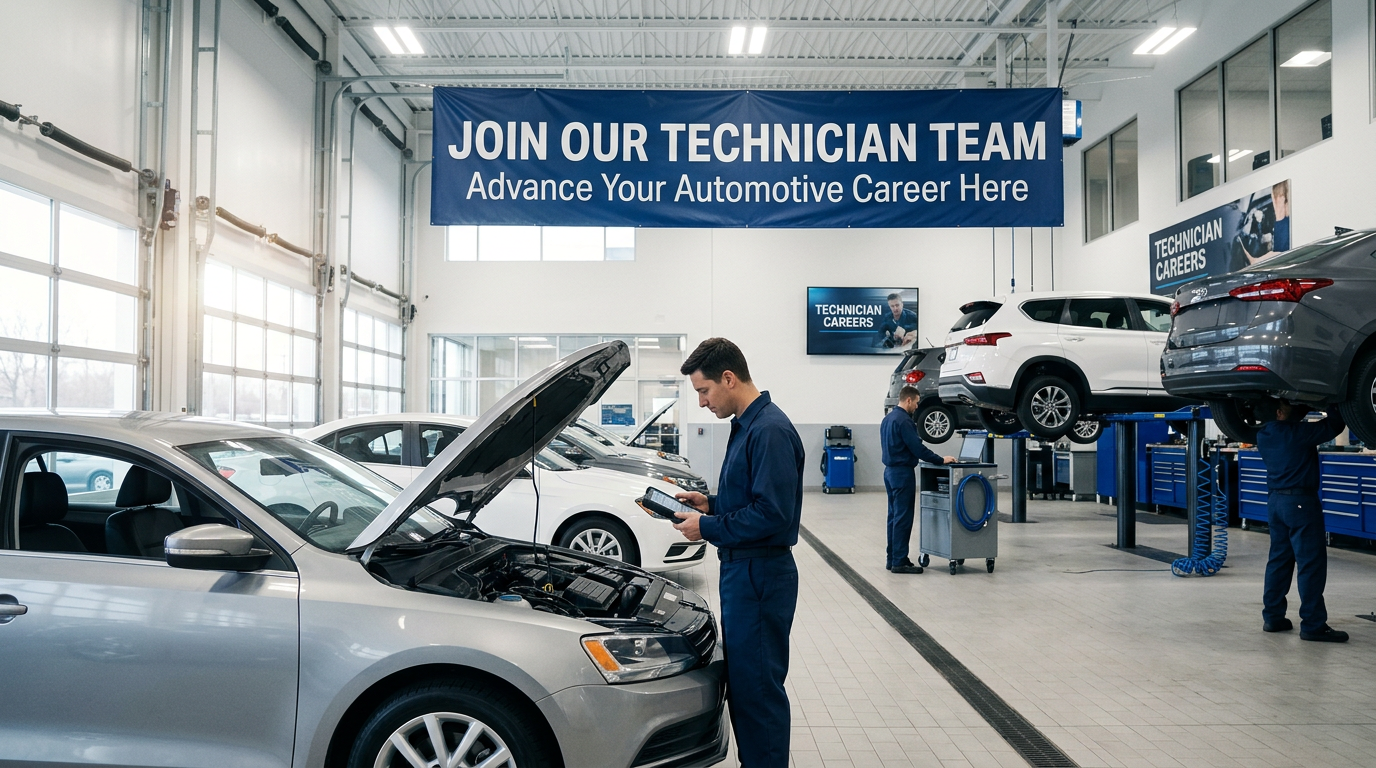 Technicians working in a busy automotive service department