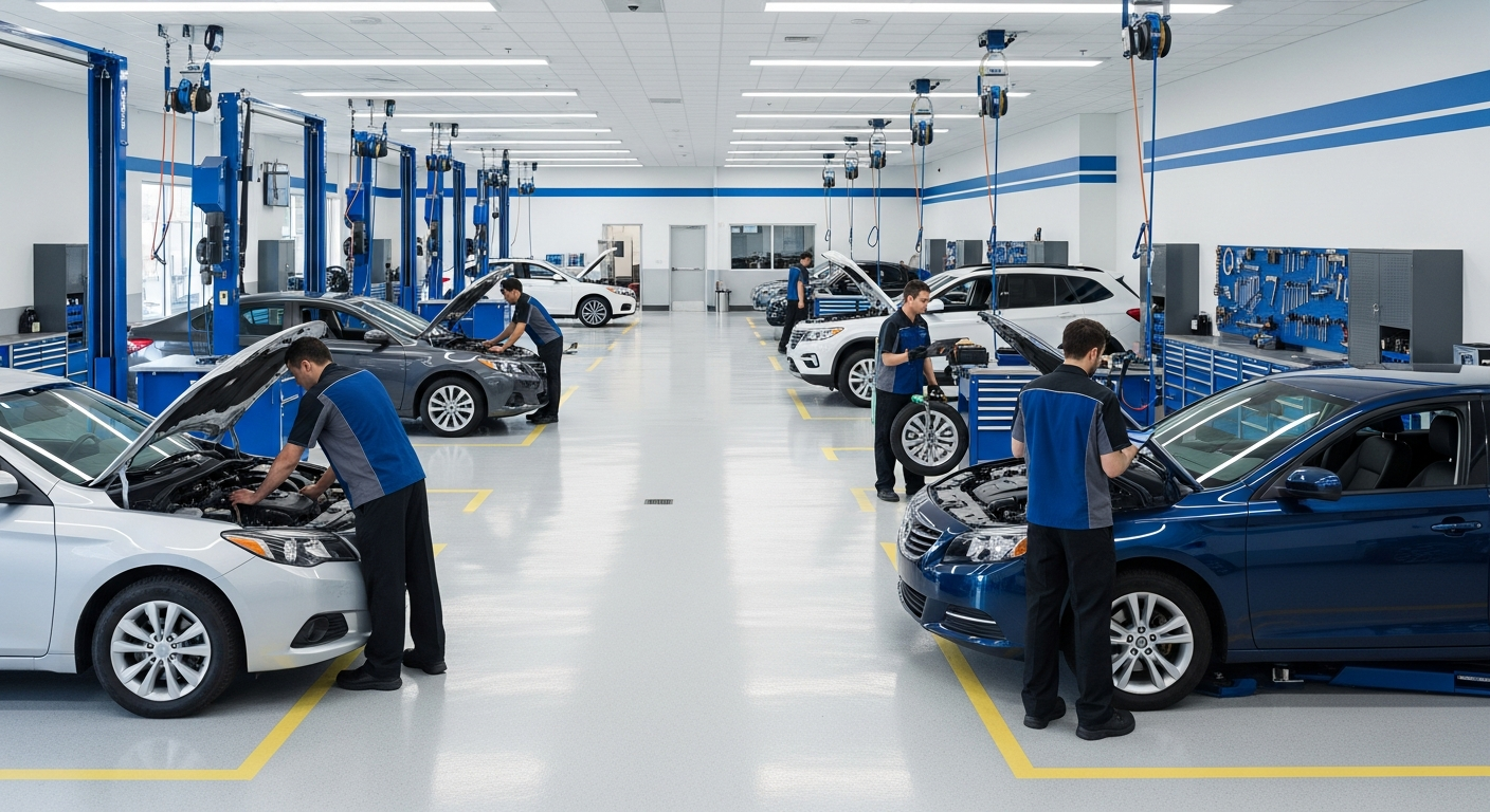 Dealership service department with active technicians