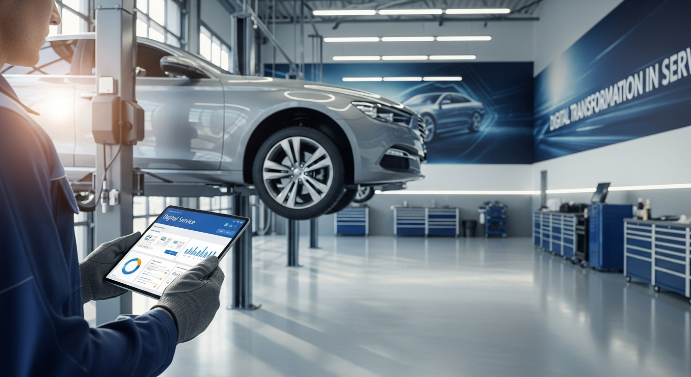 Mechanic using a digital tablet in a service bay