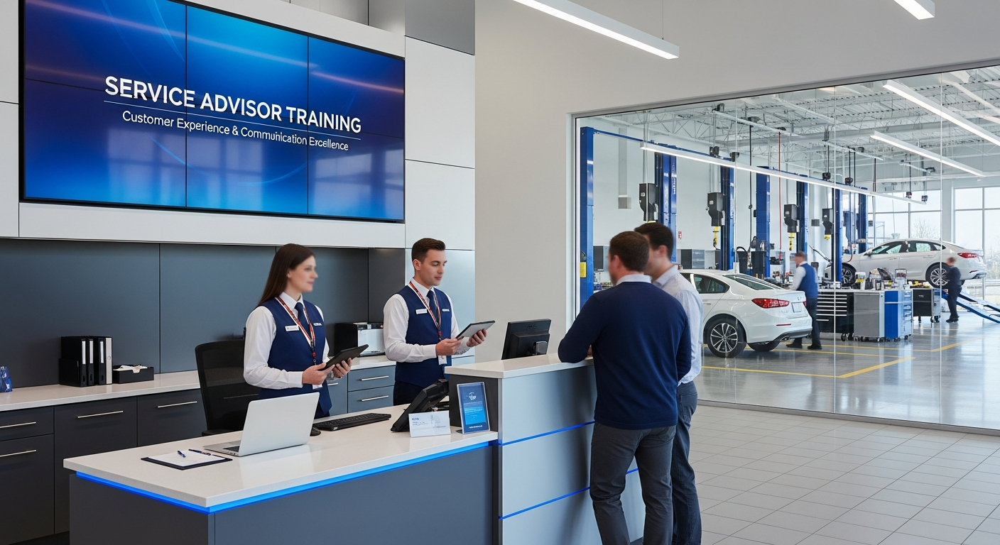Service advisors discussing with customers at an automotive dealership.