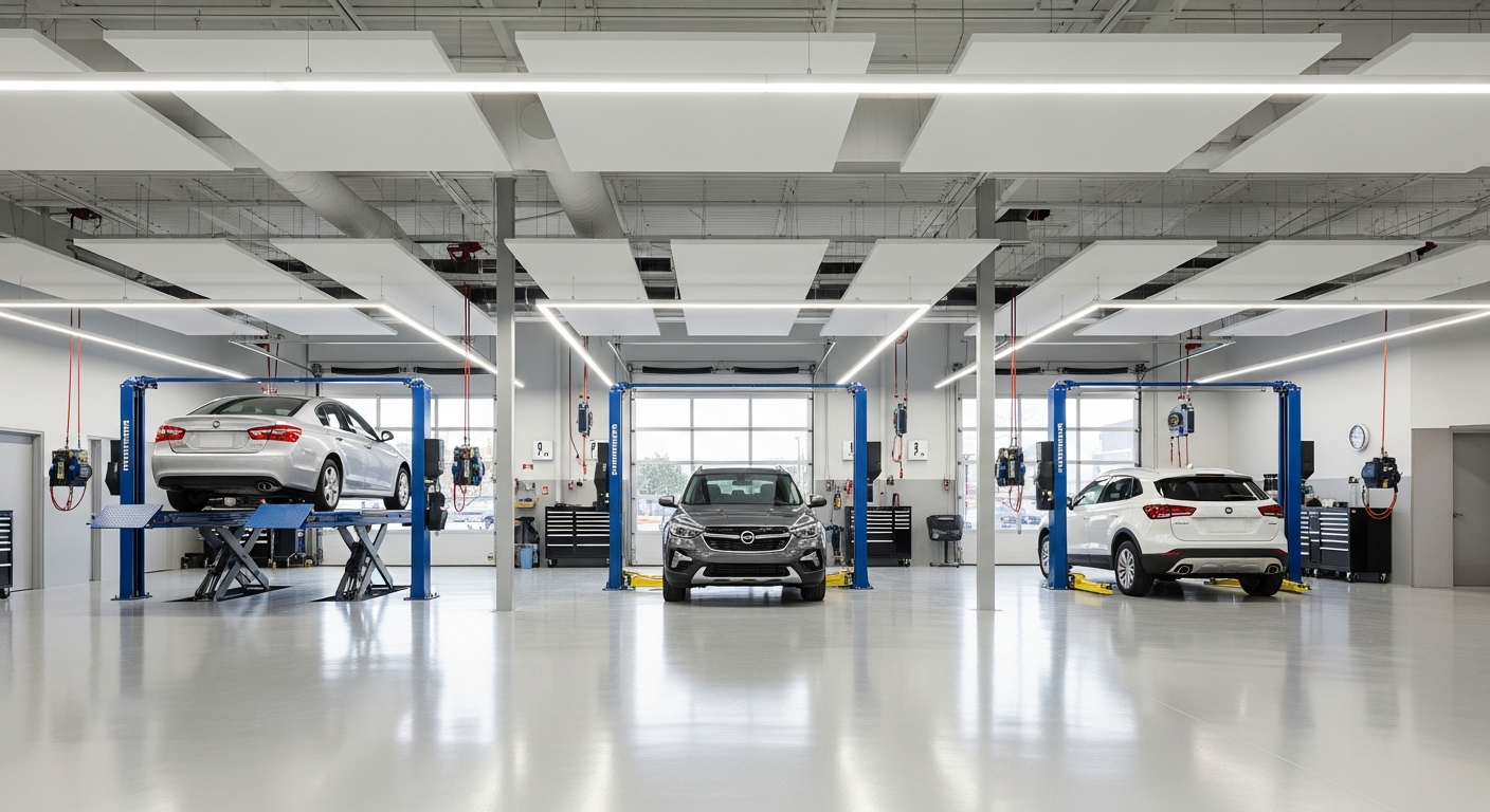 Dealership service department with technicians and integrated technology