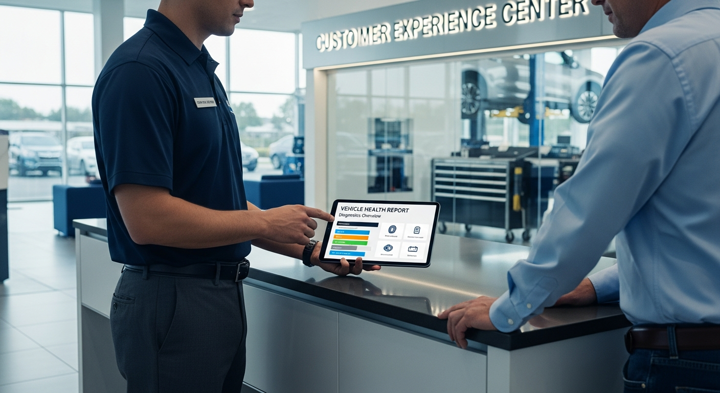 Service advisor and customer reviewing digital diagnostics