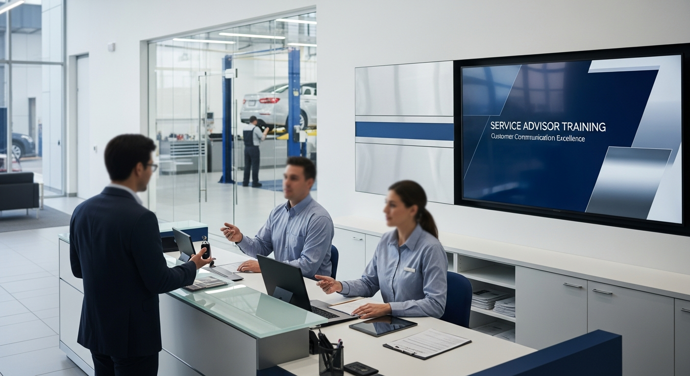 Service advisors discussing repair options with a customer in a dealership service area.