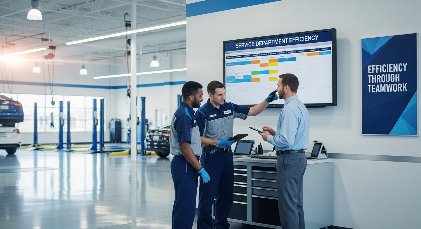 Technicians discussing service schedules