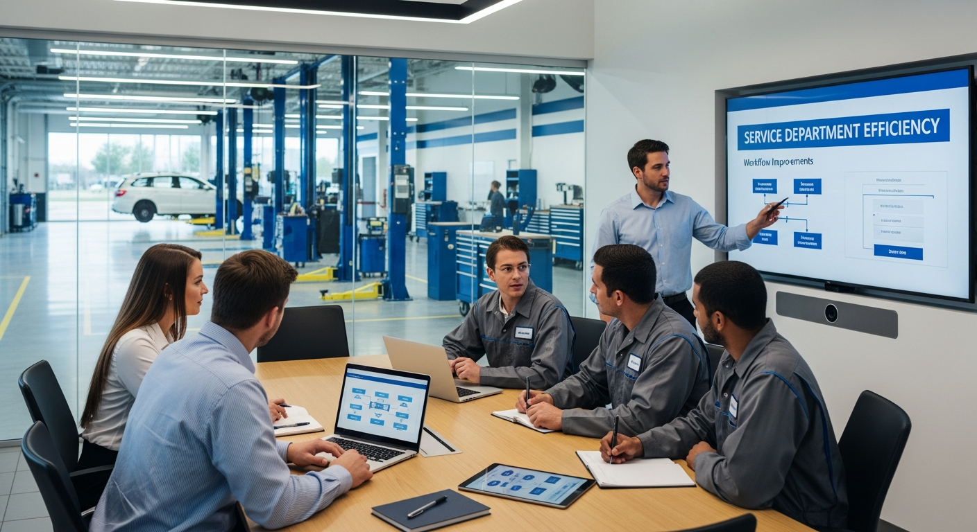 Service department team discussing workflow improvements