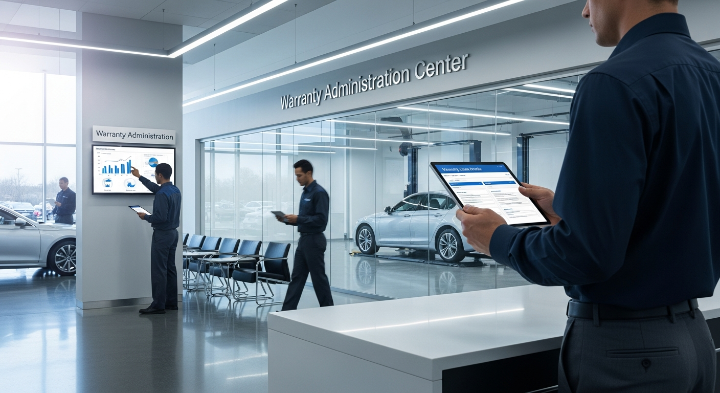Dealership service area with technicians using technology