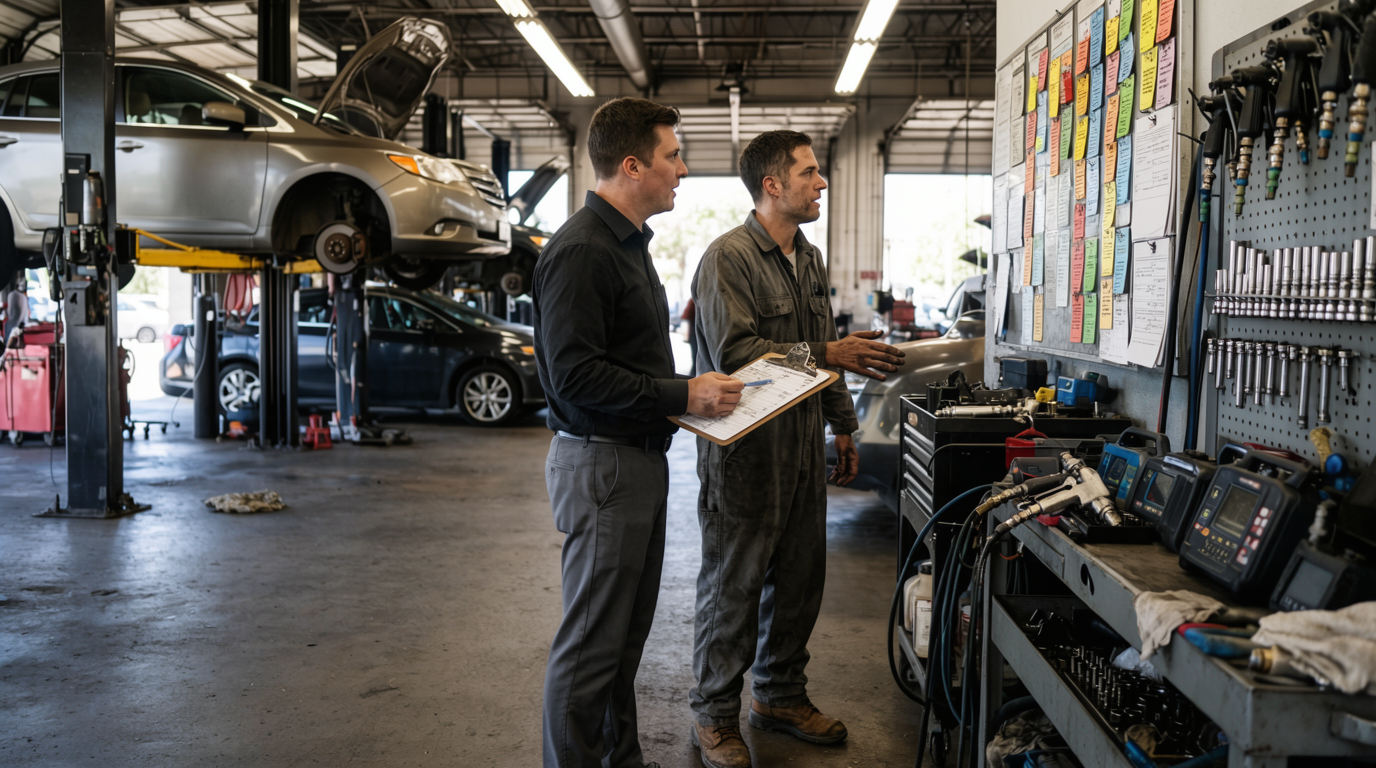 Service manager and technician review the dispatch board beside dealership service bays.