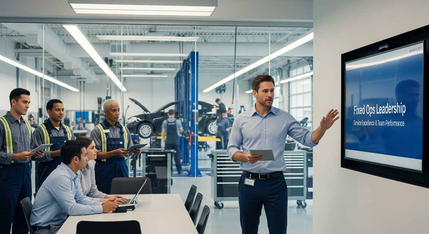 Service manager leading a team meeting in an automotive dealership.