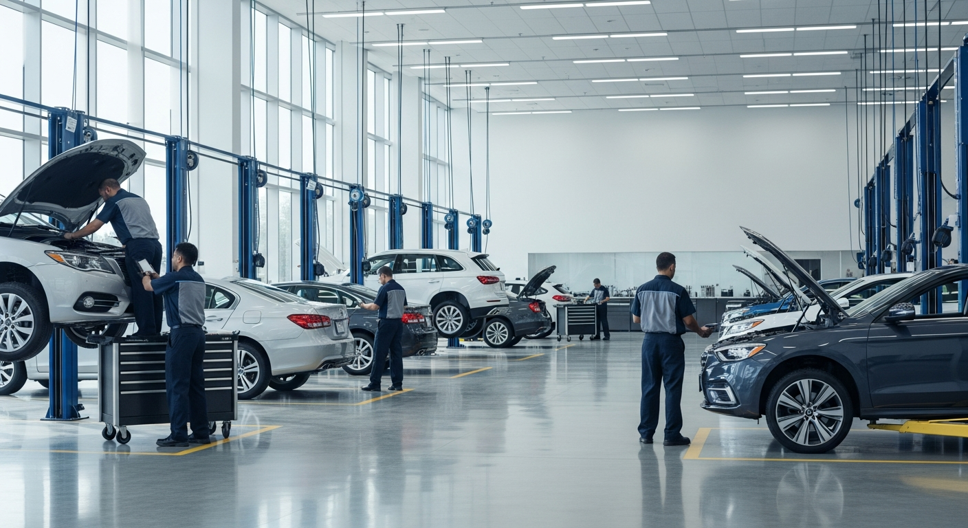 Service department technicians working on cars