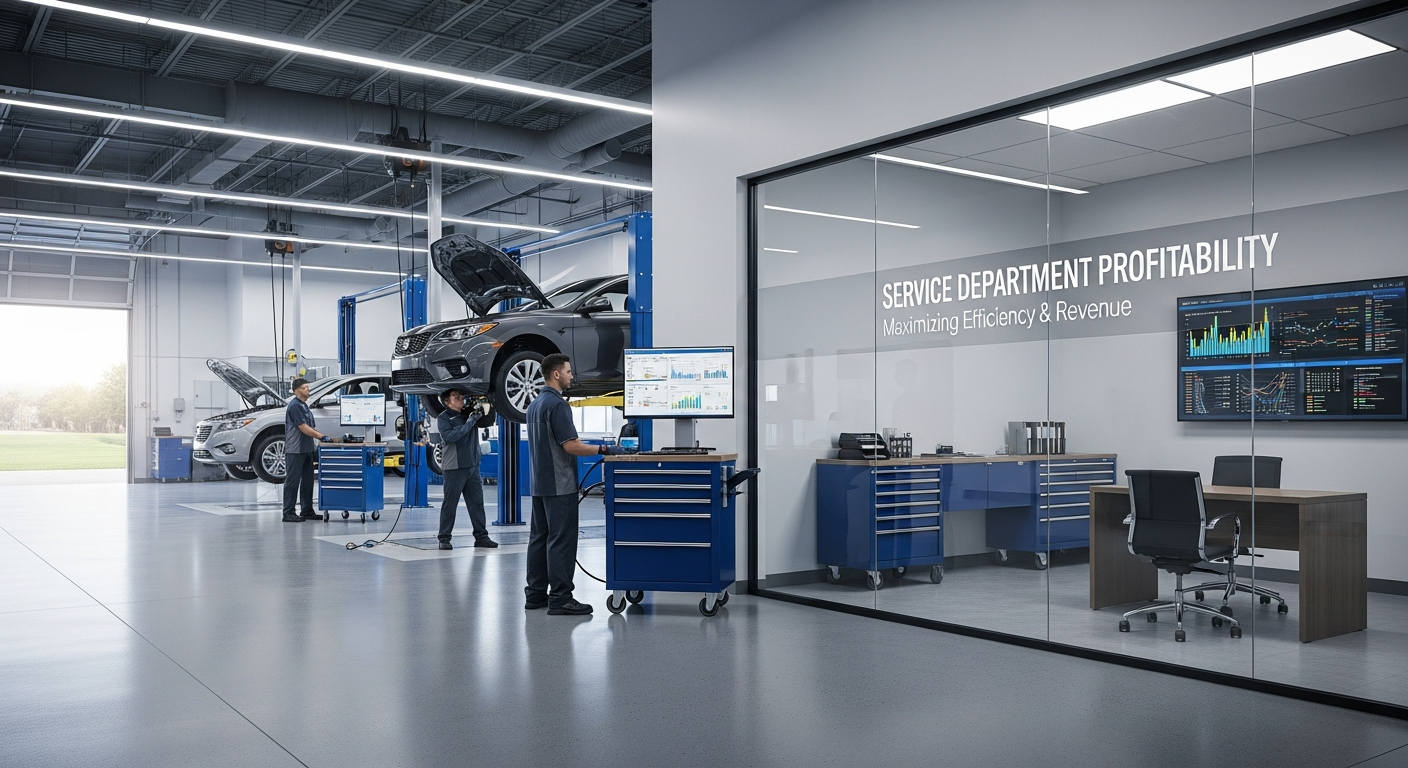 Dealership service department with technicians and modern technology