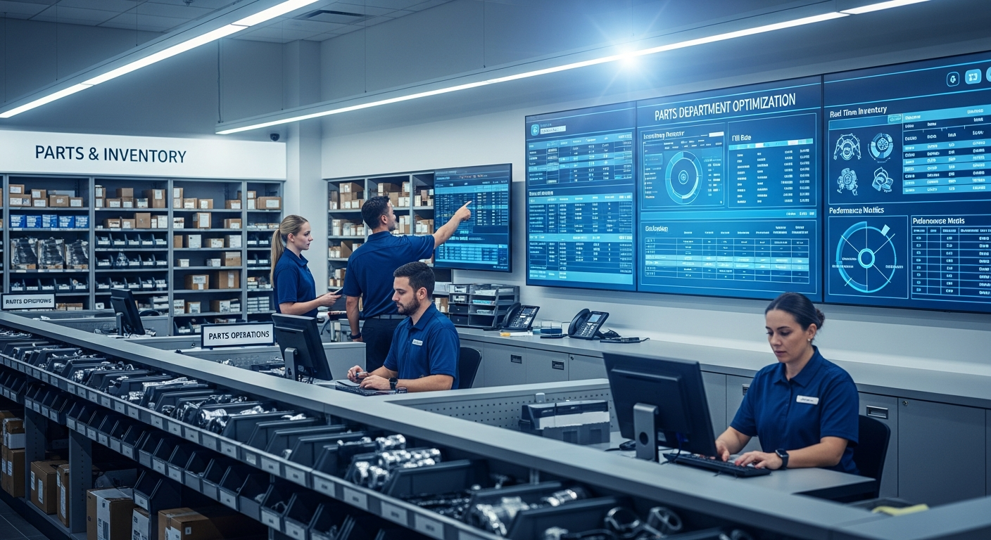 Parts department staff analyzing inventory data