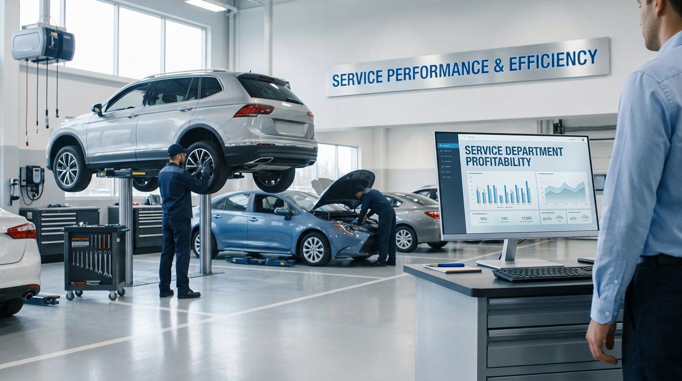 Busy dealership service department with technicians