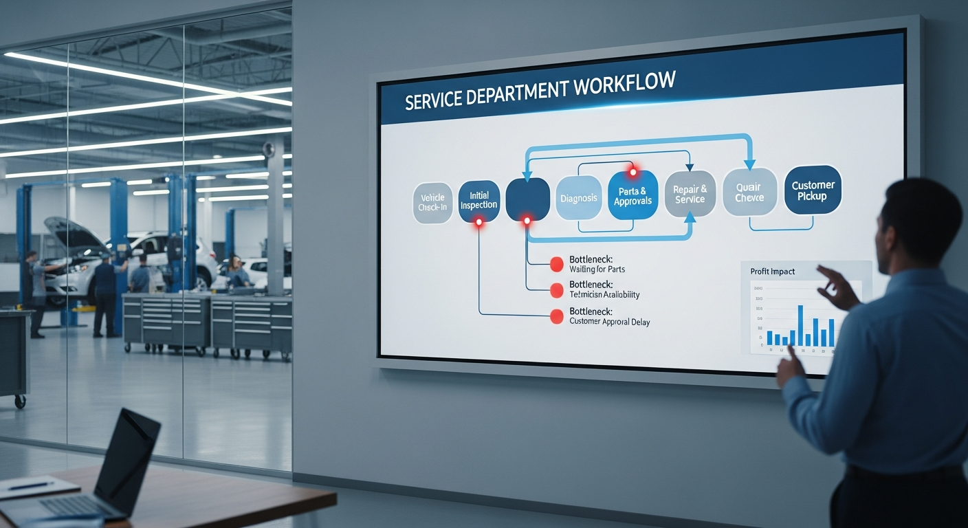Service department workflow diagram with bottlenecks identified