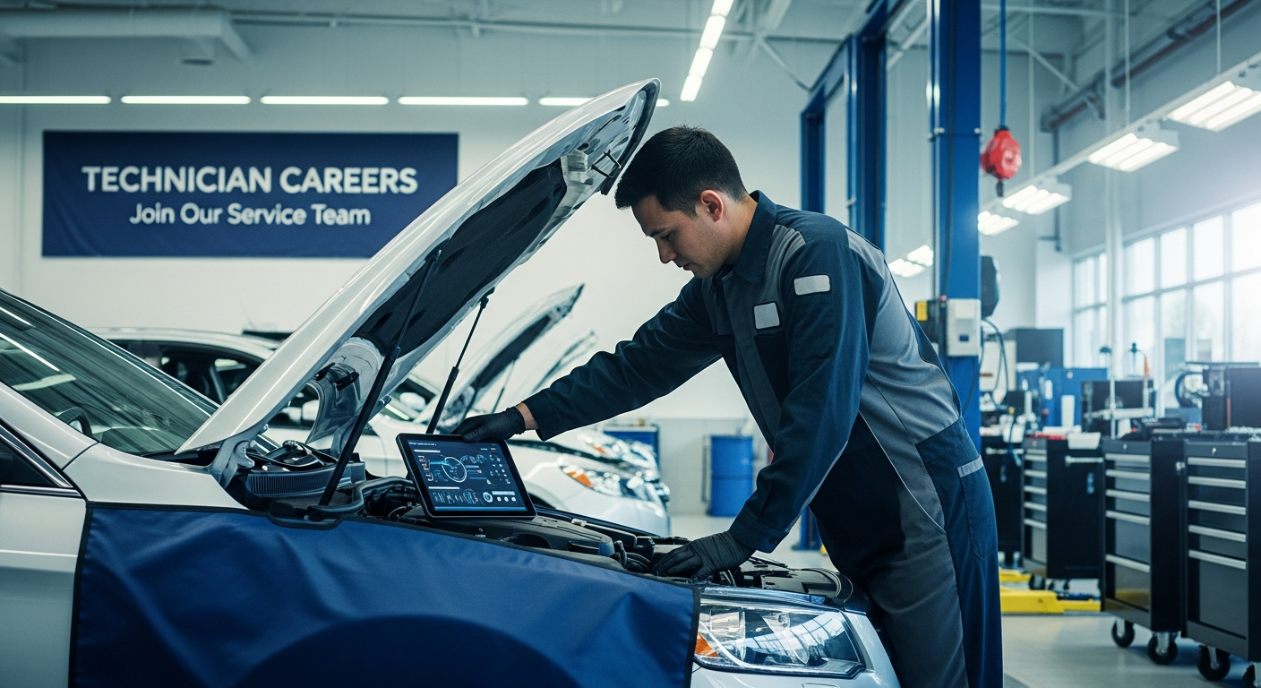 Automotive service technician in a dealership garage
