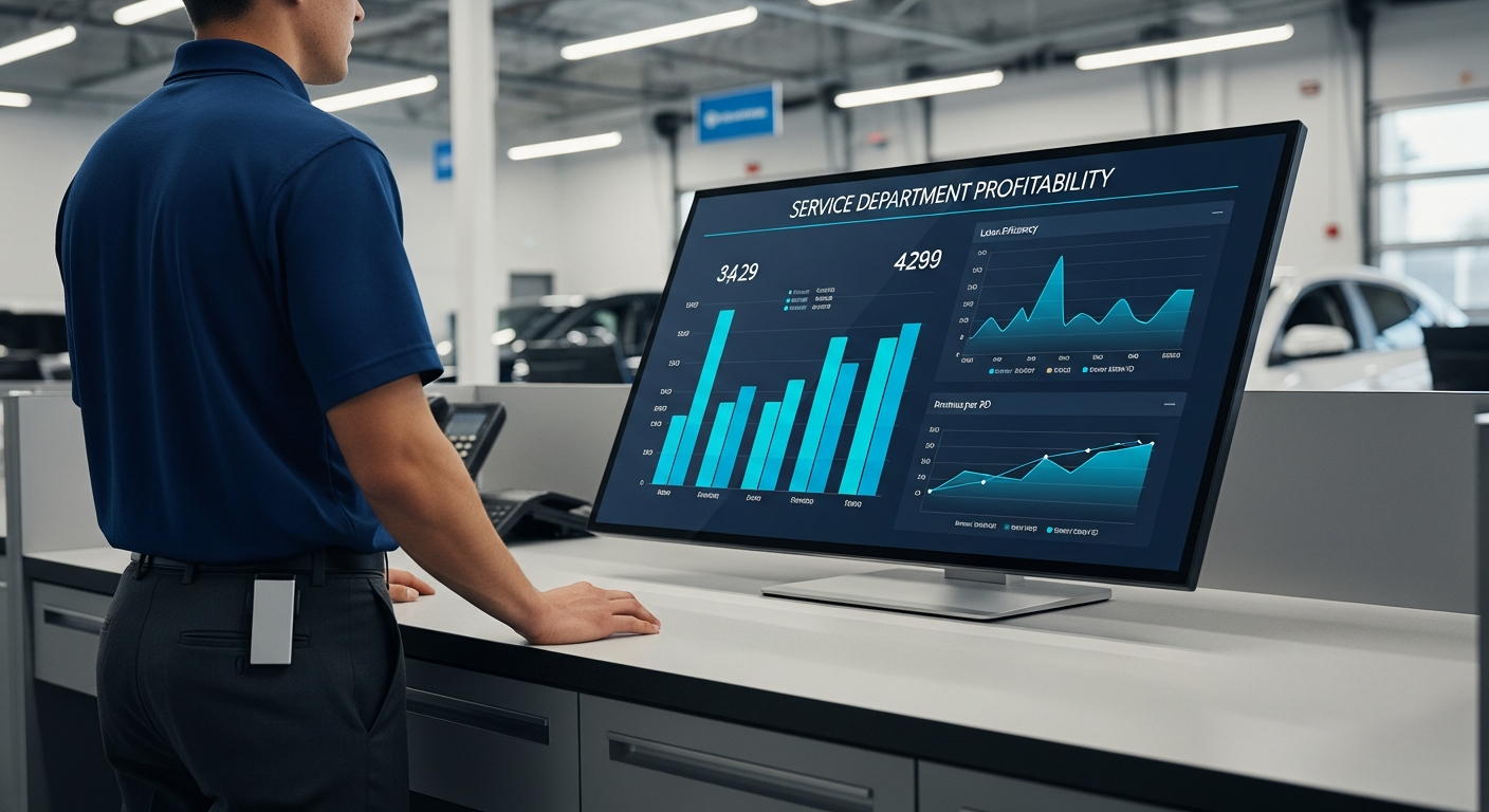 Service department with technicians working on vehicles and using diagnostic tools