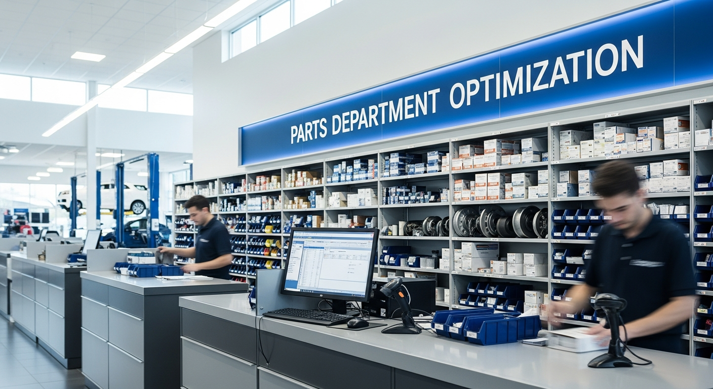Dealership parts department with organized shelves