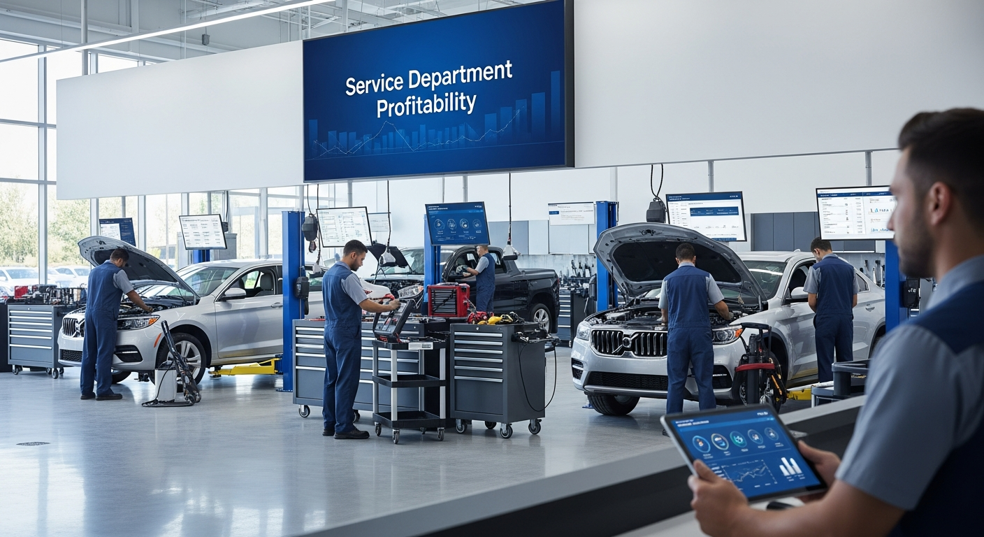 Technicians working in a bustling automotive service department.