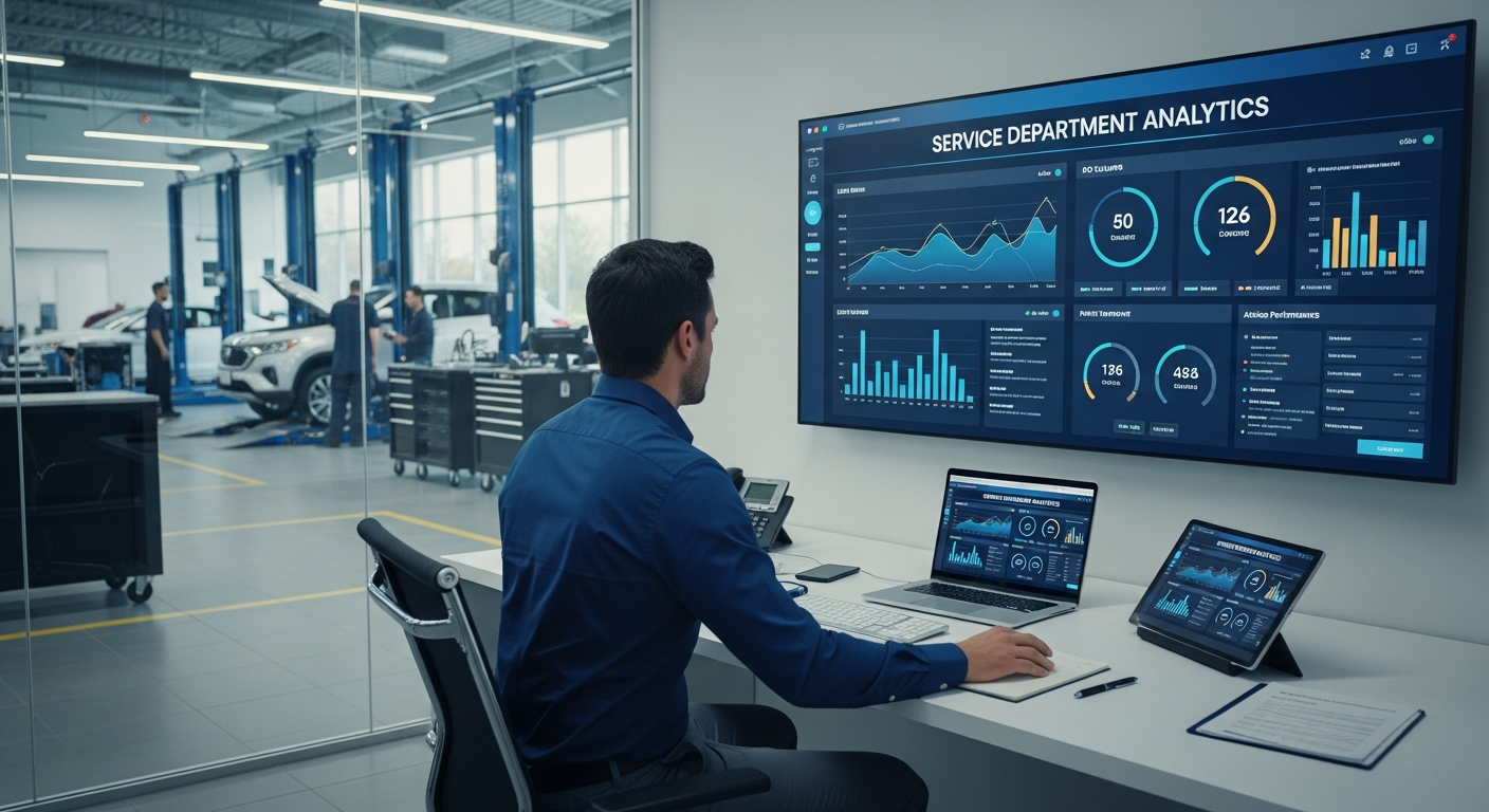 Service manager reviewing automotive service analytics on a digital dashboard.