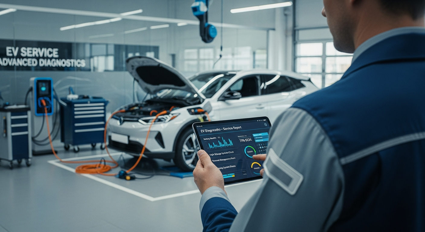Service manager reviewing EV diagnostics