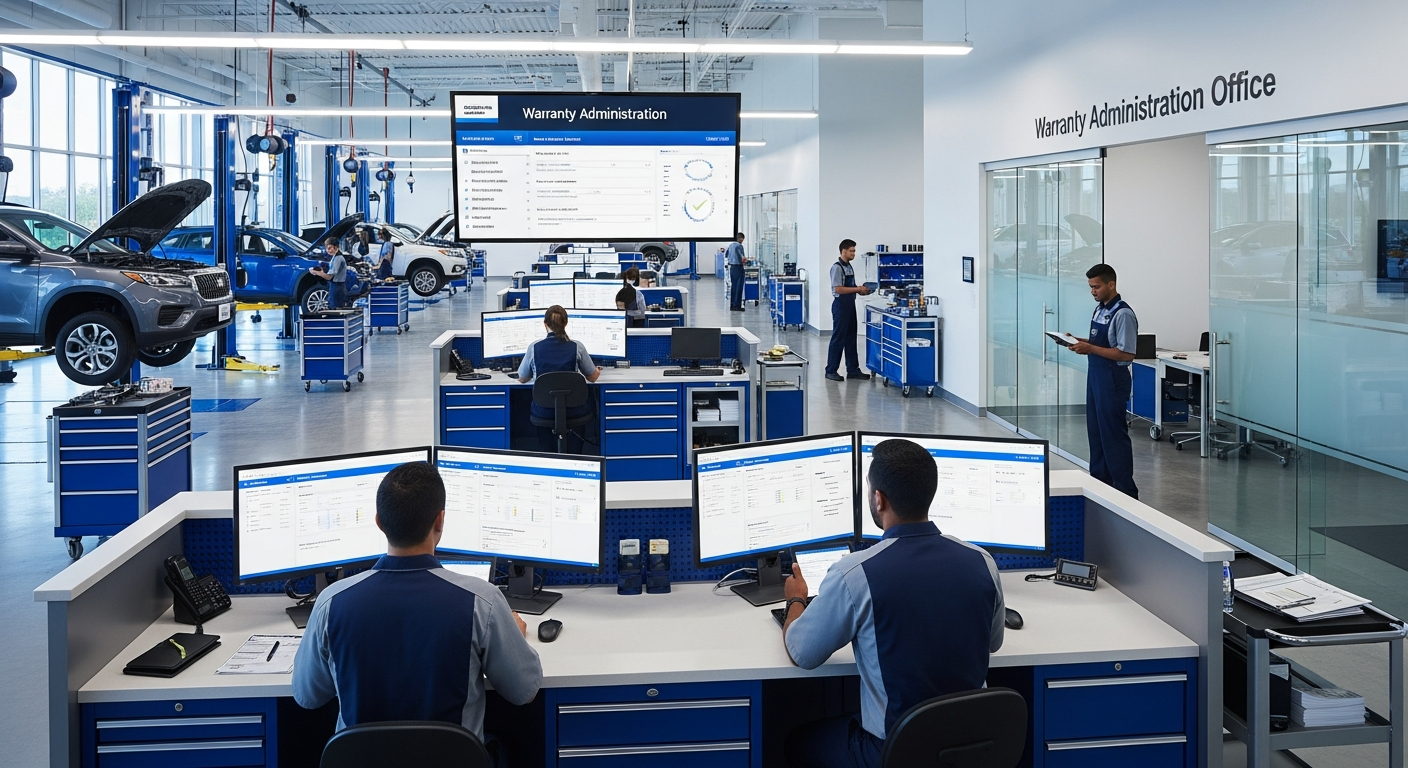 Technicians managing warranty claims in a service department