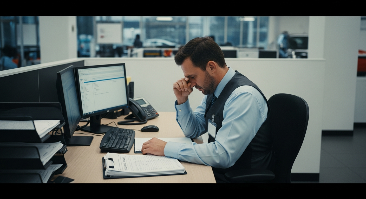 Frustrated manager with warranty paperwork