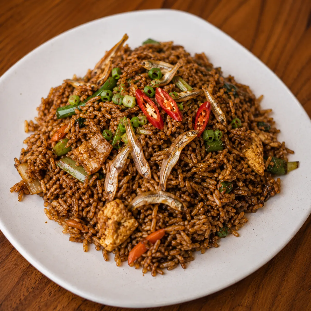 Kampung (fried rice with ikan bilis and tofu)