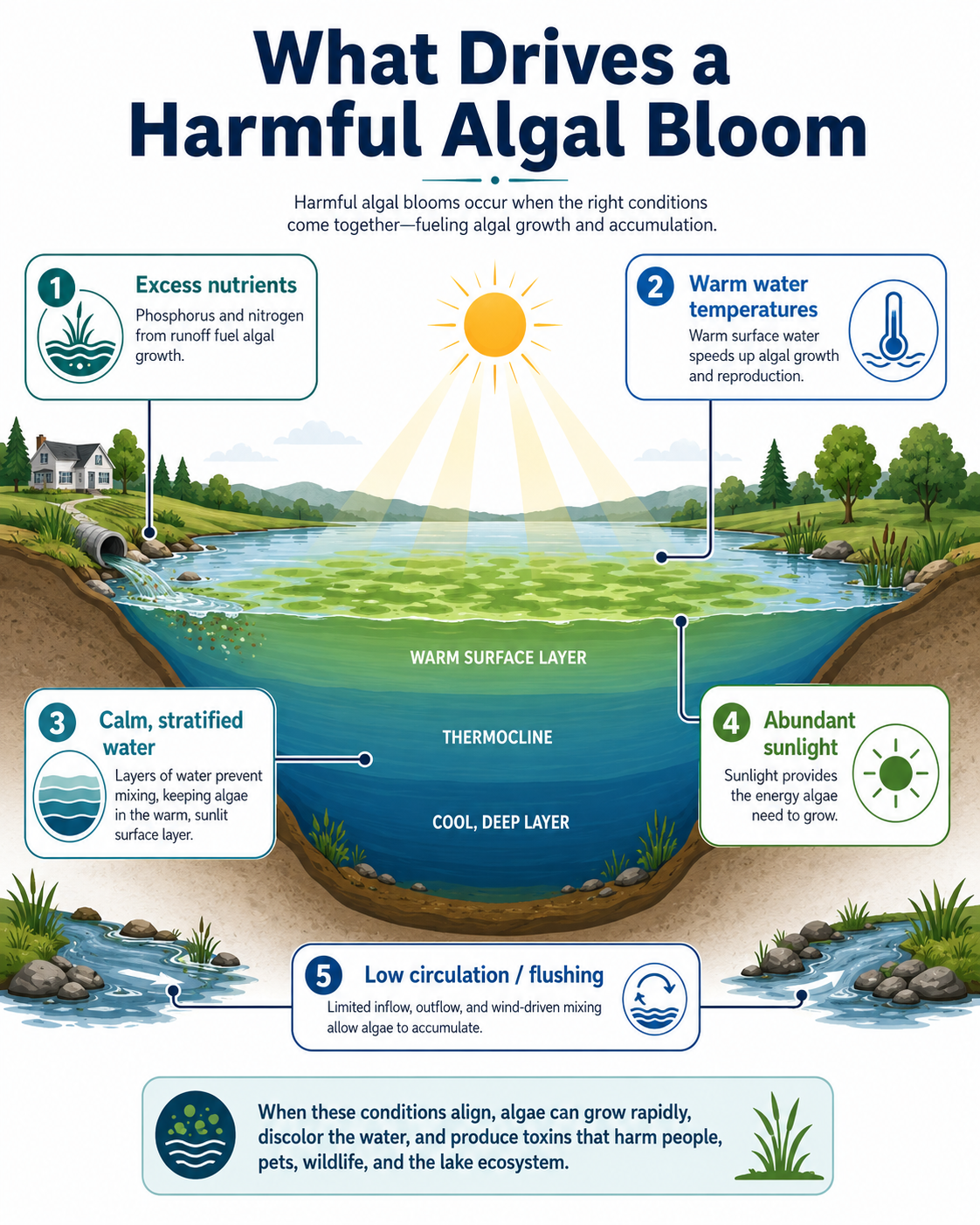 Infographic showing the five conditions that drive a harmful algal bloom: excess nutrients, warm water temperatures, calm stratified water, abundant sunlight, and low circulation