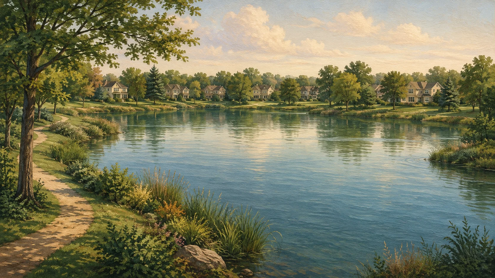 Conceptual illustration of a community lake with shoreline grasses, a walking path, mature trees, and homes beyond the far bank