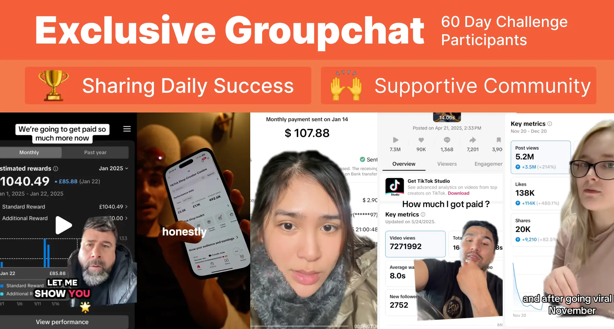 A 'wall of love' collage showing 10-15 screenshots of TikTok profiles with high follower counts and testimonial quotes.