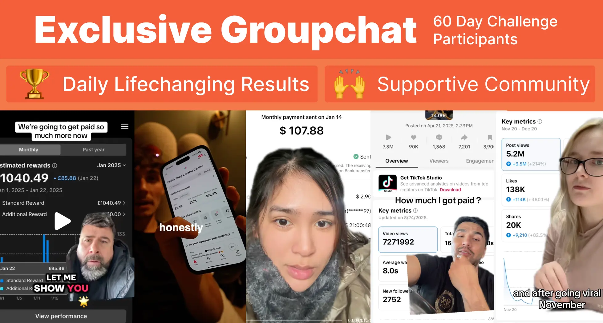 A 'wall of love' collage showing 10-15 screenshots of TikTok profiles with high follower counts and testimonial quotes.