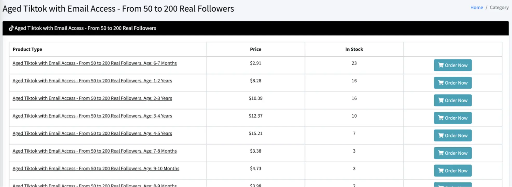 A screenshot of a website where you can acquire TikTok accounts.