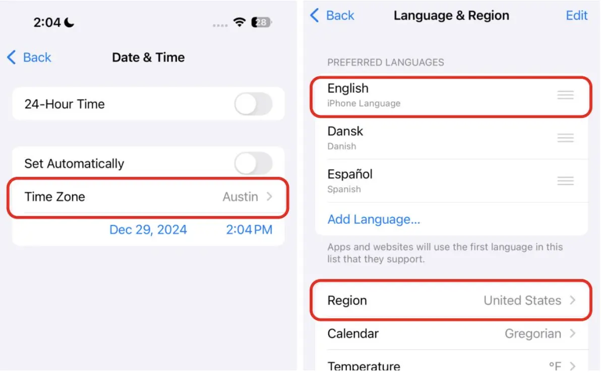 A screenshot of phone settings for Date & Time and Language & Region.