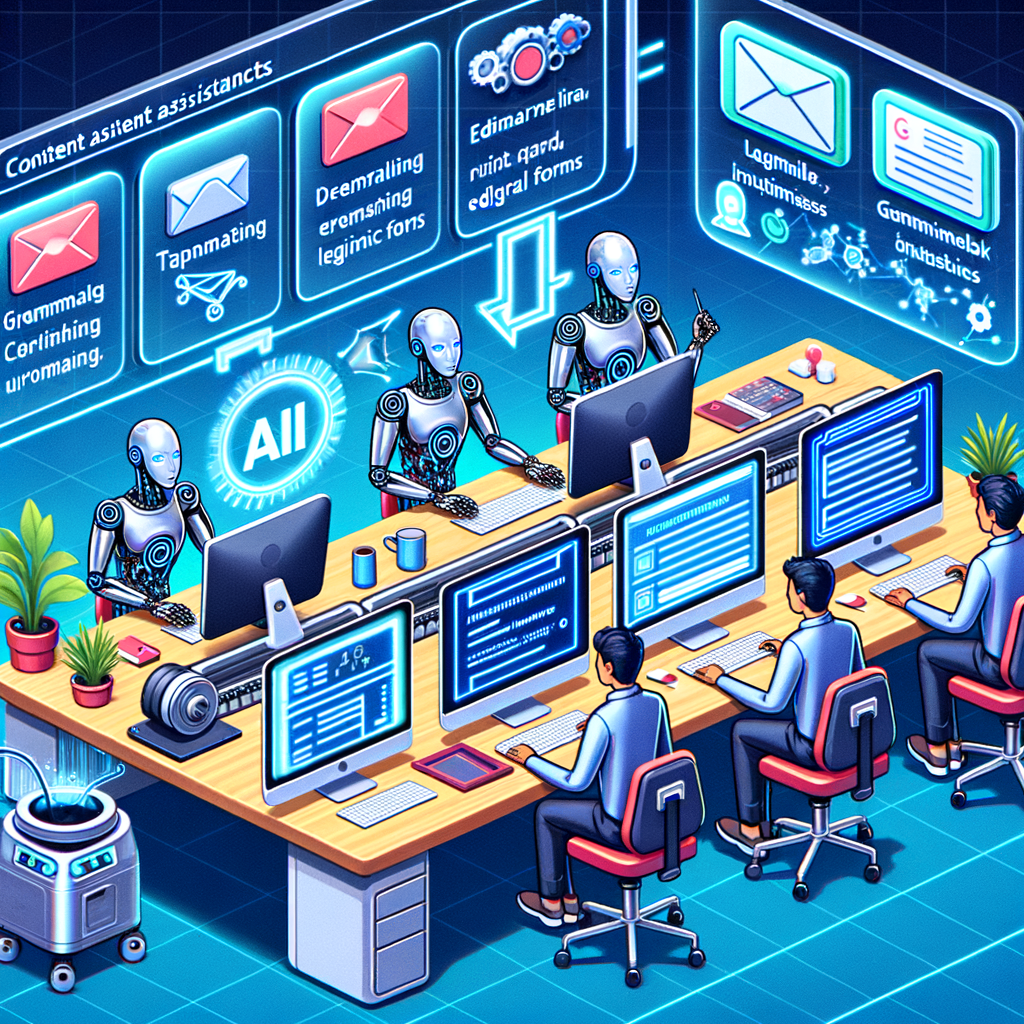 Robots and humans working at computers, symbolizing AI collaboration